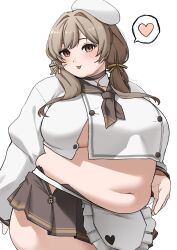 1girl apron ascot beret blush bow bready_(nikke) breasts brown_eyes brown_hair choker crop_top fat fat_woman goddess_of_victory:_nikke hair_bow hair_over_shoulder hair_ribbon hat heart large_breasts low_twintails medium_hair midriff miniskirt navel revealing_clothes ribbon rin_noheki shirt skirt smile solo spoken_heart standing tongue tongue_out twintails underboob white_background white_hat white_shirt