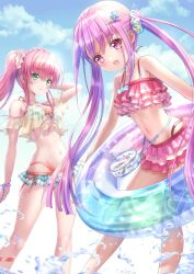 Rule 34 | 2girls, aikawa megumi, bikini, blue sky, cloud, cloudy sky, goto p, green eyes, heaven burns red, kunimi tama, lifebuoy, long hair, multiple girls, pink eyes, pink hair, sky, striped bikini, striped clothes, swim ring, swimsuit, twintails, two side up