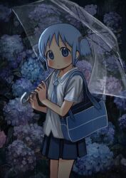 1girl blue_eyes blue_flower blue_hair blue_skirt blush cube_hair_ornament flower hair_ornament highres holding holding_umbrella looking_at_viewer naganohara_mio naganoharamiomio nichijou night pink_flower purple_flower rain school_uniform shirt short_twintails skirt summer_uniform tokisadame_school_uniform transparent transparent_umbrella twintails umbrella white_shirt