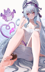 1girl absurdres aichinaigai barefoot between_toes blush candy chocolate chocolate_heart demon_tail feet genshin_impact heart highres long_hair looking_at_viewer pointy_ears purple_eyes smile soles tail toes yumemizuki_mizuki