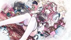 1girl animal_ears ascot balloon beret black_hat blue_gemstone blush bouquet box breasts cake chattino_(raora_panthera) cleavage closed_mouth coat collared_shirt commentary curry_bowl eating english_commentary flower food fork gem gift gift_box goggles goggles_on_head hair_intakes hat holding holding_bouquet holding_fork holding_plate hololive hololive_english large_breasts long_hair long_sleeves looking_at_viewer multicolored_hair one_eye_closed paid_reward_available panther_ears panther_girl partially_colored pink_coat pink_hair plate raora_panthera raora_panthera_(1st_costume) second-party_source shirt smile star_balloon streaked_hair thighhighs thighs tongue tongue_out virtual_youtuber white_ascot white_hair white_shirt white_thighhighs yellow_eyes