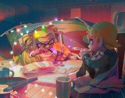 1boy 1girl :q @_@ bag_of_chips barefoot blonde_hair burst_bomb_(splatoon) closed_mouth colored_tongue commentary_request cup cup_ramen eating food_in_mouth fork full_body green_pants green_shirt grey_shorts holding holding_fork indoors inkling inkling_boy inkling_girl inkling_player_character kettle lying mug nintendo on_side pants pointy_ears purple_shirt shirt short_hair short_twintails shorts sitting slice_of_life splatoon_(series) string_of_light_bulbs stuffed_squid tenta_brella_(splatoon) tentacle_hair tongue tongue_out towaxa twintails yellow_eyes yellow_tongue
