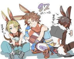 ... 3boys animal_ears bare_shoulders bartz_klauser black_hair black_jacket black_pants blonde_hair blue_eyes blue_pants blue_vest brown_hair bunny_day closed_eyes closed_mouth collarbone commentary_request earrings facing_viewer final_fantasy final_fantasy_ix final_fantasy_v final_fantasy_viii fingerless_gloves fur-trimmed_jacket fur_trim gloves grin indian_style jacket jewelry male_focus multiple_boys oshibainoticket pants parted_bangs parted_lips rabbit_ears rabbit_tail short_hair sitting smile spoken_ellipsis squall_leonhart squatting tail teeth vest zidane_tribal