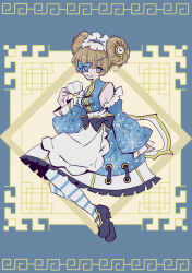 Rule 34 | 1girl, alice&#039;s adventures in wonderland, apron, armpit crease, blonde hair, blue background, blue dress, blue eyes, blue footwear, blue sleeves, breasts, brown dust (series), brown dust 2, chinese clothes, clock hair ornament, cup, detached sleeves, double bun, dress, eyepatch, full body, glacia (brown dust), hair bun, highres, holding, holding cup, looking at viewer, meander, medium breasts, open mouth, short hair, sideboob, sleeveless, sleeveless dress, smile, solo, striped clothes, striped thighhighs, teacup, thighhighs, tn scallion, two-tone dress, waist apron, white apron, white dress, white headdress, wide sleeves