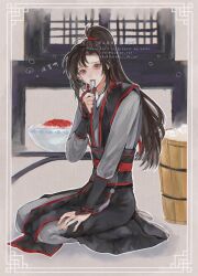 Rule 34 | 1boy, ahoge, black boots, black hair, black hanfu, boots, border, bow, bowl, bucket, chinese clothes, chinese text, eating, food, full body, grey pants, hair ribbon, hand up, hanfu, high ponytail, highres, holding, holding spoon, indoors, inset border, long hair, long sleeves, looking at viewer, male focus, modao zushi, ojisan rbt, pants, ponytail, purple eyes, red ribbon, red sash, ribbon, rice, sash, seiza, sidelocks, sitting, solo, spoon, tassel, tatami, tunic, twitter username, utensil in mouth, watermark, wei wuxian, window, wooden bucket, yaopei