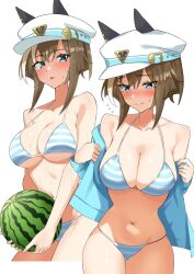 1girl absurdres animal_ears anok7456 averting_eyes bikini blue_eyes blurry blush breasts brown_hair cheval_grand_(umamusume) cleavage closed_mouth collarbone commentary_request embarrassed flying_sweatdrops food fruit furrowed_brow hair_between_eyes hair_ornament hat highres holding horse_ears horse_tail jacket large_breasts looking_at_viewer multiple_views navel open_mouth simple_background sky stomach striped_bikini striped_clothes sweatdrop swimsuit tail umamusume water watermelon white_background