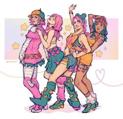1boy 3girls black_boots black_helmet bodysuit boots butterfly_ornament butterfly_tattoo capelet crop_top dark_skin double_bun dragona_joestar dress eyefoes green_hair hair_bun helmet highres hirose_yasuho hot_pants_(sbr) jojo_no_kimyou_na_bouken kuujou_jolyne long_hair long_sleeves loose_socks multicolored_hair multiple_girls orange_bodysuit pink_boots pink_capelet pink_dress pink_hair pink_socks short_hair sleeveless socks tattoo white_sleeves white_socks