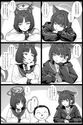 Rule 34 | 1boy, 2girls, animal ear fluff, animal ears, ascot, blue archive, cat choker, cat ears, cat girl, cat tail, crossed arms, doodle sensei (blue archive), extra ears, greyscale, hair ornament, hairclip, halo, hand on own cheek, hand on own chin, hand on own face, highres, jacket, kazusa (blue archive), kikyou (blue archive), looking at another, looking to the side, monochrome, multiple girls, multiple tails, nervous sweating, open mouth, parted bangs, sailor collar, sensei (blue archive), shirt, short hair, sweat, tail, translation request, two tails, zhong zi sheliu