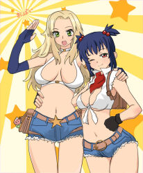 2girls 417k_ito angeling backpack bag bandana belt belt_buckle belt_pouch bikini bikini_top_only blacksmith_(ragnarok_online) blonde_hair blue_gloves blue_shorts breasts brown_bag brown_belt buckle charm_(object) cleavage closed_mouth commentary_request cowboy_shot crop_top elbow_gloves fingerless_gloves gloves green_eyes hair_bobbles hair_ornament long_hair looking_at_viewer medium_breasts multiple_girls navel one_eye_closed open_mouth orange_eyes poporing pouch ragnarok_online red_bandana shirt short_hair short_shorts shorts sleeveless sleeveless_shirt smile star_(symbol) sunburst sunburst_background swimsuit tied_shirt two_side_up white_bikini white_shirt whitesmith_(ragnarok_online) yellow_background