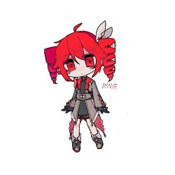Rule 34 | 1girl, aaakiona, ahoge, alternate costume, arms at sides, black gloves, blush, bow, coat, d/n/a (vocaloid), dress, drill hair, expressionless, flat chest, gloves, grey coat, grey dress, grey shorts, hair between eyes, hair bow, hair ribbon, hashtag-only commentary, kasane teto, kasane teto (sv), long sleeves, looking at viewer, mini person, open clothes, open coat, red eyes, red hair, ribbon, shorts, simple background, solo, synthesizer v, torn clothes, torn dress, twin drills, utau, white background, white bow, white ribbon