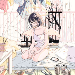 1girl absurdres angel_wings ashtray barefoot beer_can black_hair breasts can cherry_blossoms cigarette cleavage clothesline cup_ramen curling_iron curtains day digital_media_player drink_can futon glasses halo highres laundry leaf on_bed open_window original panties pillow sakurada_reiko shirt short_hair sitting solo strap_slip tatami tissue_box underwear white_shirt window wings