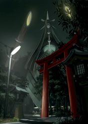 arch celesteela commentary gen_7_pokemon highres king_joe_(neoroto) lamppost night nintendo no_humans outdoors plant pokemon pokemon_(creature) shrine sky solo tree ultra_beast