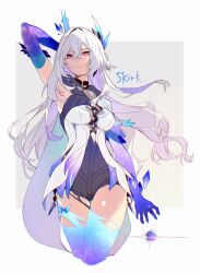 1girl absurdres aiwo_o_lite armpits border character_name closed_mouth commentary cropped_legs crossed_bangs dress genshin_impact grey_background hair_between_eyes hair_ornament highres long_hair pink_eyes prosthesis prosthetic_arm prosthetic_leg skirk_(genshin_impact) solo white_border white_dress white_hair