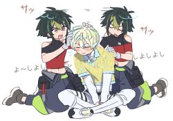 3boys :d :o ahoge black_hair black_pants black_shirt blonde_hair blue_hair blue_shirt blush blush_stickers capri_pants closed_eyes closed_mouth clothing_cutout collared_shirt creepyday crop_top dual_persona earrings flying_sweatdrops gloves green_hair green_pants grey_hair grey_shoes hair_between_eyes hair_ornament hairclip hand_on_another&#039;s_shoulder hands_on_another&#039;s_head hands_up hibachi_mana hibachi_mana_(1st_costume) inami_rai inami_rai_(1st_costume) jewelry kneeling layered_sleeves long_sleeves male_focus midriff multicolored_hair multicolored_pants multicolored_shirt multiple_boys navel necklace nijisanji open_mouth pants pouch purple_eyes red_shirt shirt shoes short_hair short_over_long_sleeves short_sleeves shoulder_cutout sidelocks simple_background sitting smile stomach streaked_hair stud_earrings translation_request turtleneck two-tone_shirt v-shaped_eyebrows v_arms virtual_youtuber white_background white_gloves white_pants white_shirt white_shoes yellow_shirt