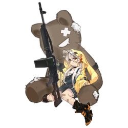 1girl aged_down bandaid bandaid_on_face bandaid_on_leg black_choker black_overalls black_shoes choker closed_mouth coat girls&#039;_frontline grey_hair gun highres hood hood_down long_hair long_sleeves looking_at_viewer machine_gun no_sense_of_shame official_alternate_costume official_art open_clothes open_coat overalls pkp_(after-rain_assault_squad)_(girls&#039;_frontline) pkp_(girls&#039;_frontline) pkp_pecheneg shirt shoes sleeves_past_fingers sleeves_past_wrists socks solo stuffed_animal stuffed_toy teddy_bear transparent_background weapon white_shirt yellow_coat yellow_eyes