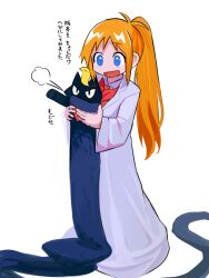 Rule 34 | 1girl, :d, alternate hairstyle, anatomical nonsense, anger vein, angry, animal, antenna hair, black cat, black eyes, blonde hair, blue eyes, cat, coat, commentary, full body, highres, holding, holding animal, holding cat, ito rio, lab coat, long body, long hair, looking at animal, mogura (nichijou), necktie, nichijou, open mouth, orange necktie, ponytail, professor shinonome, puff of air, red scarf, sakamoto (nichijou), scarf, simple background, slit pupils, smile, standing, translation request, white coat