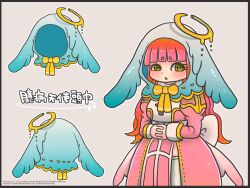 1girl ajie_(sura-kun) back_bow blue_hood blunt_bangs blush bow commentary_request cowboy_shot dress grey_background halo high_priest_(ragnarok_online) hood hood_up interlocked_fingers juliet_sleeves long_hair long_sleeves looking_at_viewer melting_halo open_mouth own_hands_together pink_dress pink_hair puffy_sleeves ragnarok_online ringed_eyes sash simple_background solo thighhighs translation_request two-tone_dress white_bow white_dress white_sash white_thighhighs yellow_halo