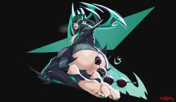 1girl absurdres anal_beads ass black_background bottomless breasts breasts_out feet green_eyes green_nails hela_(marvel) highres kneeling looking_at_viewer looking_back marvel marvel_rivals mohoshadream nail_polish pussy sex_toy signature soles solo stirrup_legwear teeth toeless_legwear toenail_polish toenails toes uncensored