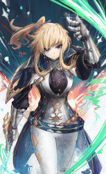1girl absurdres arm_armor arm_up artist_name blonde_hair blue_cape cape character_name closed_mouth commentary cowboy_shot franlol genshin_impact highres jean_(genshin_impact) jean_(gunnhildr&#039;s_legacy)_(genshin_impact) long_sleeves looking_at_viewer pants shirt short_hair solo v-shaped_eyebrows white_pants white_shirt