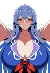 1girl absurdres anime_coloring blue_dress blue_hair blush bow breasts cleavage dress highres huge_breasts kamishirasawa_keine long_hair looking_at_viewer no_headwear pov reaching reaching_towards_viewer red_eyes ribbon simple_background smile solo ssaf_seibeupail touhou white_background