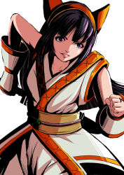 Rule 34 | 1girl, absurdres, breasts, fighting stance, fingerless gloves, gloves, hair ribbon, highres, legs, long hair, medium breasts, nakoruru, parted lips, pink lips, purple eyes, purple hair, ribbon, samurai spirits, smile, snk, solo, teeth, the king of fighters, the king of fighters xv, thighs, weapon