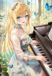 1girl aizawa_ema aizawa_ema_(3rd_costume) aqua_dress aria_(ariacue) belt blonde_hair blue_eyes blunt_bangs blush brown_belt bug butterfly dress earrings floral_print floral_print_dress flower flower_earrings gradient_hair hair_flaps hair_flower hair_ornament highres insect instrument jewelry lace-trimmed_sleeves lace_trim long_hair long_sleeves looking_at_viewer multicolored_hair music open_mouth piano playing_instrument playing_piano print_dress smile solo virtual_youtuber vspo!