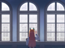 1girl animal_ears book clothing_cutout ear_covers facing_away from_behind holding holding_book horse_ears horse_girl horse_tail indoors long_hair long_sleeves orange_hair purple_shirt purple_skirt rain school_uniform shirt silence_suzuka_(umamusume) skirt solo standing tail tail_through_clothes takuzui tracen_school_uniform umamusume upper_body window