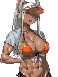 Rule 34 | 1girl, abs, absurdres, alternate costume, animal ears, bikini, black lips, black nails, boku no hero academia, breasts, cleavage, collarbone, commentary, dark-skinned female, dark skin, english commentary, enji masterpie, front-tie bikini top, front-tie top, hand on own hip, highres, large breasts, long eyelashes, long hair, looking at viewer, mirko, nail polish, navel, orange bikini, parted bangs, parted lips, ponytail, rabbit ears, rabbit girl, red eyes, shirt, short sleeves, side-tie bikini bottom, solo, stomach, swimsuit, toned, toned female, upper body, visor cap, white hair, white shirt