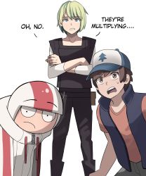 3boys animification baseball_cap black_eyes black_vest blue_eyes brown_hair crossed_arms dipper_pines english_text gravity_falls hat helmet highres jacket jourd4n karre_(star_wars) kick_buttowski kick_buttowski_(character) male_focus multiple_boys shirt speech_bubble star_wars star_wars:_visions vest white_background white_jacket white_shirt
