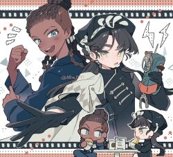Rule 34 | 2girls, :d, :o, beret, black dress, black gloves, black hair, black hat, blue eyes, blue shirt, cape, cellphone, chibi, chibi inset, chin strap, cornrows, dark-skinned female, dark skin, dress, eating, film strip border, fish, gloves, hair bun, hand up, hat, holding, holding phone, kobayashi keyaki, liang yue (reverse:1999), lightning bolt symbol, long hair, long sleeves, looking at viewer, low twintails, multiple girls, notice lines, open hand, open mouth, outside border, outstretched arm, phone, poitier (reverse:1999), police, police uniform, policewoman, reverse:1999, shirt, side cape, sitting, smile, table, twintails, twitter username, white cape, yellow eyes