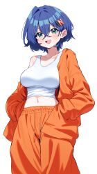 Rule 34 | 1girl, :d, absurdres, alternate costume, belle (zenless zone zero), blue hair, breasts, collarbone, crossed bangs, dated, green eyes, hair between eyes, hands in pockets, highres, large breasts, looking at viewer, midriff, navel, open mouth, short hair, simple background, smile, solo, tank top, teeth, tosyeo, upper teeth only, white background, white tank top, zenless zone zero