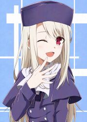 1girl azami_masurao blue_background capelet commentary_request dress fate/stay_night fate_(series) fingernails hat highres illyasviel_von_einzbern long_hair looking_at_viewer one_eye_closed open_mouth purple_capelet purple_dress purple_hat red_eyes scarf smile solo white_hair white_scarf