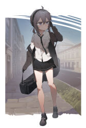 1girl absurdres ahoge bare_legs black_boots black_gloves black_necktie black_skirt blue_sky blush boots breast_pocket building carrying carrying_case city cityscape clear_sky closed_mouth collared_shirt commentary day door dress_shirt european_architecture full_body girls&#039;_frontline gloves grass grey_boots grey_hair grey_jacket grey_socks guitar_case hair_between_eyes hand_on_headset hand_on_own_cheek hand_on_own_face hand_up head_tilt headset highres instrument_case jacket looking_to_the_side loose_clothes loose_shirt m200_(girls&#039;_frontline) messy_hair miniskirt multicolored_boots necktie off_shoulder outdoors parted_bangs pavement pleated_skirt pocket purple_eyes road serious shirt sidelocks skirt sky socks standing swept_bangs tr07 twintails two-tone_boots white_shirt window wooden_door