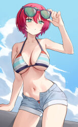 1girl adjusting_eyewear amate_yuzuriha aqua-tinted_eyewear aqua_eyes bikini black-framed_eyewear black_bikini blue_bikini blue_shorts blue_sky breasts closed_mouth cloud cloudy_sky collarbone commentary day english_commentary gradient_hair gundam gundam_gquuuuuux hair_between_eyes highres kangbus large_breasts multicolored_bikini multicolored_hair navel open_fly outdoors pink_hair red_bikini short_hair shorts sky solo stomach striped_bikini striped_clothes sunglasses sweat swimsuit thighs tinted_eyewear white_bikini