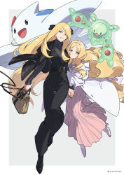2girls alternate_costume artist_name bag belt black_footwear black_pants blonde_hair buttons caitlin_(pokemon) closed_mouth commentary_request cynthia_(pokemon) eyelashes floating_hair gen_4_pokemon gen_5_pokemon grey_eyes hair_ornament hand_grab highres holding holding_bag long_hair looking_at_viewer multiple_girls nintendo open_clothes pants parted_bangs parted_lips pokemon pokemon_(creature) pokemon_bw pokemon_dppt reuniclus shoes smile togekiss very_long_hair xia_(ryugo)