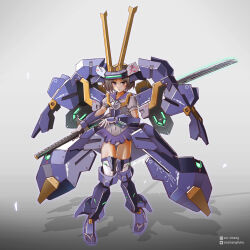 1boy an-chang artist_name brown_eyes brown_hair covered_navel grey_background highres holding holding_sword holding_weapon katana leotard looking_at_viewer mecha_musume personification pixiv_logo purple_eyes science_fiction short_hair skirt solo sword thighhighs trap twitter_logo twitter_username v-fin virtual_on weapon