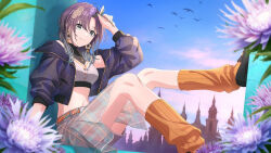 1girl asakura_toru belt blue_eyes earrings flower flower_earrings gradient_hair idolmaster idolmaster_shiny_colors jewelry looking_at_viewer multicolored_hair necklace official_alternate_hairstyle official_art orange_socks purple_flower smile socks solo