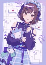 Rule 34 | 1girl, amai melo, bare shoulders, blue border, blue skirt, blush, border, bow, brown eyes, brown hair, character name, closed mouth, commentary request, cowboy shot, cross-laced clothes, cursor, double horizontal stripe, dutch angle, facial mark, file, finger heart, frilled hairband, frills, gradient border, grid background, hair ornament, hairband, hairclip, halftone, hand up, heart, heart facial mark, heart hair ornament, highres, holding, holding stuffed toy, jacket, long sleeves, nail polish, off-shoulder sweater, off shoulder, official alternate costume, outside border, plaid clothes, plaid skirt, project sekai, purple border, purple bow, purple nails, purple ribbon, purple sweater, ribbon, ribbon-trimmed hairband, shinonome ena, short hair, simple background, skirt, sleeves past wrists, solo, sparkle, spoken heart, stuffed animal, stuffed toy, sweater, sweater jacket, tongue, tongue out, white background, white hairband, yami kawaii, zipper
