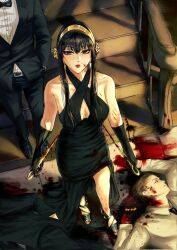 Rule 34 | 1boy, 1girl, bare shoulders, belt, black belt, black bow, black bowtie, black dress, black gloves, black hair, black jacket, black pants, black shoes, blood, blood on arm, blood on body, blood on cheek, blood on clothes, blood on ground, blood on leg, bloody clothes, bloody dress, bloody weapon, bow, bowtie, breasts, breasts apart, collarbone, commentary, dagger, dress, earrings, elbow gloves, english commentary, from above, full body, gloves, gold earrings, gold hairband, hair between eyes, hairband, hand in pocket, head out of frame, henoopd, highres, holding, holding dagger, holding knife, holding weapon, indoors, jacket, jewelry, knife, long hair, long sleeves, looking at viewer, looking up, medium breasts, nail polish, pants, red eyes, red lips, red nails, shirt, shoes, sidelocks, solo focus, spy x family, stairs, standing, stiletto (weapon), toenail polish, toenails, weapon, white shirt, yor briar