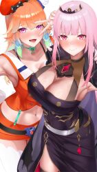 2girls 404_(pixiv_94263879) absurdres black_dress blush breasts cape chef_hat cleavage detached_sleeves dress earrings feather_earrings feathers gradient_hair hat highres hololive hololive_english jewelry large_breasts long_hair looking_at_viewer mori_calliope mori_calliope_(1st_costume) multicolored_hair multiple_girls official_alternate_costume open_mouth orange_hair pink_eyes pink_hair red_eyes selfie skirt smile solo takanashi_kiara takanashi_kiara_(1st_costume) thighhighs tiara v virtual_youtuber white_background