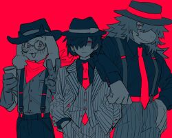 1boy 1girl 1other arm_on_another&#039;s_shoulder blush closed_mouth collared_shirt cowboy_hat cup deltarune dokusony83834 furry furry_female furry_male glasses gloves hair_over_one_eye hands_in_pockets hat holding holding_cup jacket kris_(deltarune) limited_palette long_sleeves looking_at_viewer necktie open_clothes open_jacket pants ralsei red_background shirt simple_background susie_(deltarune) suspenders v vest