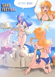 1boy 2girls bare_shoulders barefoot beach bikini blue_bikini blue_hair blue_sky cloud cloudy_sky commentary english_text green_bikini holding holding_shovel horns long_hair male_swimwear mask mouth_mask multicolored_bikini multiple_girls musical_note nami_(one_piece) ocean one_piece open_mouth orange_hair outdoors pink_hair raine_(acke2445) sand sand_bucket sand_castle sand_sculpture seiza shoulder_tattoo shovel side-tie_bikini_bottom sitting sky speech_bubble standing swim_trunks swimsuit symbol-only_commentary tattoo two-tone_bikini ulti_(one_piece) wavy_hair white_bikini who&#039;s_who_(one_piece)