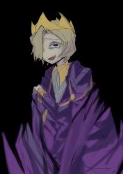 1boy black_background blonde_hair cape coat collared_shirt colored_eyelashes crown darkness dmn173 false_smile grey_shirt hair_over_one_eye hand_on_own_arm highres king_olly long_sleeves looking_at_viewer male_focus mario_(series) nintendo open_mouth paper_mario paper_mario:_the_origami_king personification purple_cape purple_coat purple_eyes shirt short_hair simple_background smile solo upper_body wide-eyed yellow_crown