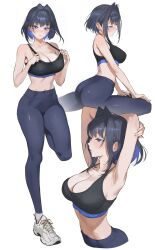 1girl alternate_costume armpits arms_behind_head ass black_sports_bra blue_eyes blue_hair blue_pants breasts cleavage clothes_pull cropped_torso foot_up hair_intakes highres hololive hololive_english large_breasts light_blush multiple_views ouro_kronii pants rucarachi shoes sidelocks sneakers sports_bra sports_bra_pull standing standing_on_one_leg stretching virtual_youtuber white_background white_shoes wolf_cut yoga_pants