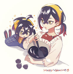 1boy 1girl aged_down alternate_costume alternate_hairstyle apron black_hair bowl brother_and_sister carmine_(pokemon) chocolate crossed_bangs food gen_2_pokemon hair_between_eyes highres holding japanese_clothes kappougi kieran_(pokemon) long_sleeves mole mole_under_eye multicolored_hair nintendo open_mouth pokemon pokemon_(creature) pokemon_sv ponytail purple_hair sentret siblings sparkle valentine ya_mamo_to yellow_eyes
