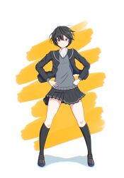 Rule 34 | 1girl, absurdres, amagami, black eyes, black hair, black jacket, black sailor collar, black shoes, black socks, blazer, blush, closed mouth, commentary request, full body, grey skirt, grey sweater, hands on own hips, highres, jacket, kibito high school uniform, kneehighs, legs apart, light smile, loafers, long sleeves, looking at viewer, miniskirt, nanasaki ai, oshizu, pleated skirt, sailor collar, school uniform, shoes, short hair, skirt, smug, socks, solo, standing, sweater, thighs, two-tone background, v-shaped eyebrows, white background, winter uniform, yellow background