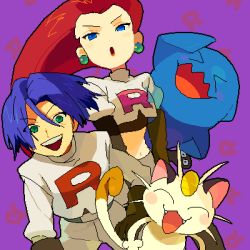 Rule 34 | 1boy, 1girl, blue eyes, blue hair, clothes writing, earrings, elbow gloves, gen 1 pokemon, gen 2 pokemon, gloves, green eyes, hair slicked back, james (pokemon), jessie (pokemon), jewelry, long hair, lowres, meowth, midriff, nintendo, oekaki, open mouth, pokemon, pokemon (anime), pokemon (creature), red hair, short hair, smile, team rocket, ucchii, utchyniku, wobbuffet