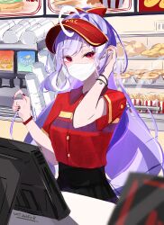 1girl absurdres ahoge alternate_costume black_nails black_skirt blurry blurry_foreground bow bracelet breasts commentary dated employee_uniform english_commentary fast_food fast_food_uniform food french_fries grocery_store hair_bow hand_up highres indoors jewelry long_hair looking_at_viewer mask medium_breasts mouth_mask multicolored_hair nail_polish purple_hair red_bow red_eyes red_shirt red_visor shirt skirt solo sprite streaked_hair very_long_hair visor_cap vivian_banshee voi_271 zenless_zone_zero