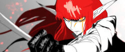 1girl arm_up black_gloves blunt_bangs closed_mouth commentary embers floating_hair glaring gloves hashtag-only_commentary highres holding holding_polearm holding_weapon hulkenberg_(metaphor:_refantazio) long_hair metaphor:_refantazio outstretched_arm pointy_ears polearm red_hair rider_0303 serious solo spoilers weapon yellow_eyes