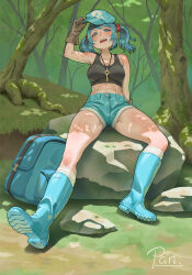 1girl absurdres adjusting_clothes adjusting_headwear aqua_boots aqua_eyes aqua_hair aqua_shorts arm_up artist_name backpack bag bilingual_commentary black_tank_top boots breasts brown_gloves commentary flat_cap forest full_body furrowed_brow gloves hair_bobbles hair_ornament half-closed_eyes hat highres jewelry kawashiro_nitori key large_breasts mixed-language_commentary nature navel necklace outdoors pandawei reclining rock rubber_boots short_hair shorts signature sitting solo sweat tank_top thighs touhou tree two_side_up